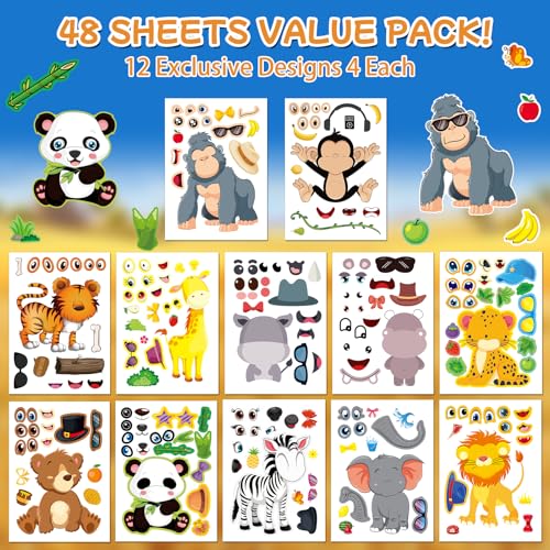 Aowplc 48 Safari Animal Make-a-Face Sticker Sheets for Kids - style: Safari Animals
