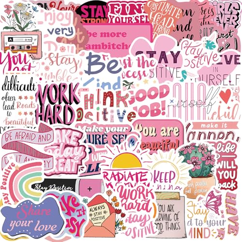 50pcs Pink Motivational Aesthetic Stickers, Inspirational Waterproof PVC Stickers for Water Bottles Laptop Scrapbooking Mirrors Notebooks Cars Bumpers Bikes Bedroom Travel Case Snowboard - color: Pink