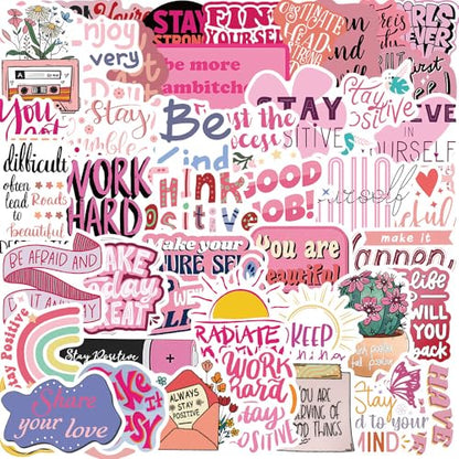 50pcs Pink Motivational Aesthetic Stickers, Inspirational Waterproof PVC Stickers for Water Bottles Laptop Scrapbooking Mirrors Notebooks Cars Bumpers Bikes Bedroom Travel Case Snowboard - color: Pink