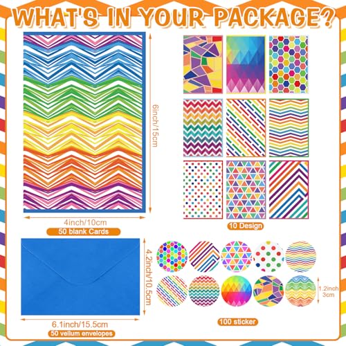 Motiskyy 50 Pcs Blank Greeting Cards 4x6, Blank Cards with Envelopes, 10 Designs, Ideal Stationary Set for All Occasions, Stationary with Matching White Envelope and Sticker (Bright Patterns) - style: Bright Patterns