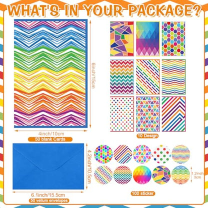 Motiskyy 50 Pcs Blank Greeting Cards 4x6, Blank Cards with Envelopes, 10 Designs, Ideal Stationary Set for All Occasions, Stationary with Matching White Envelope and Sticker (Bright Patterns) - style: Bright Patterns