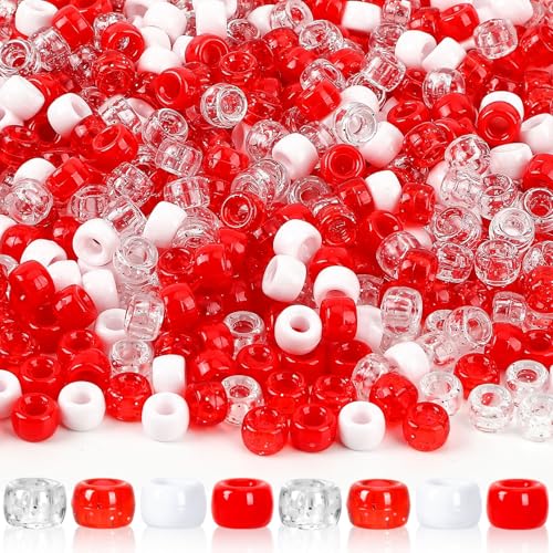 UPINS 1200Pcs Red White Pony Beads for Christmas Valentines Bracelets - color: Solid Glitter Red and White