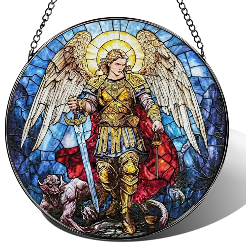 Stained Glass Suncatcher, Archangel Michael Sun Catcher Ornament; Stained Glass Window Hanging, Spiritual Protection Decor, Christmas Ornament; Christian Gifts, Religious Gifts - color: Archangel-a