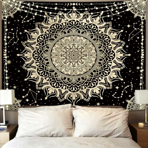 Apdidl Boho Mandala Tapestry for Bedroom, Black Hippie Ceiling Tapestries - color: Black Gold Mandala Tapestry, size: 79"L x 60"W