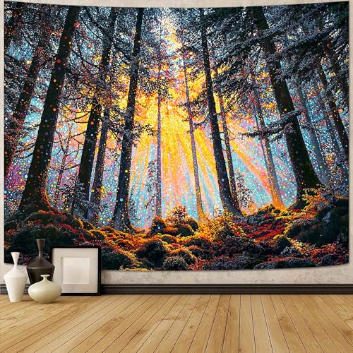 Lunerfex Radiant Forest Wall Tapestry, Trippy Sunlit Trees Tapestries for Room Decor, Magical Tapestry 80x60 Inch - color: Deep Blue Green, size: 80"L x 60"W