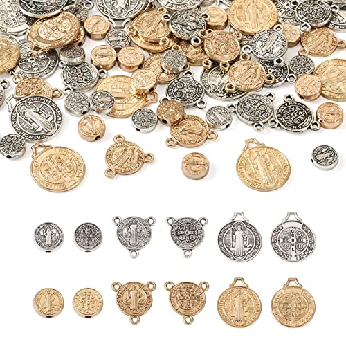 Elecrelive 60Pcs Saint Benedict Medal Beads Cross Protection Saint Pendants Religious Jesus Rosary Making Supplies for DIY Rosary Necklace Bracelet Earring - color: Silver, Light Gold