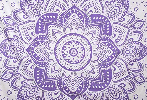 Bhagyashri Fashions Indian Mandala Twin Cotton Purple White Ombre Tapestry Wall Hanging Art Collage Bedspread Picnic Beach Blanket Hippie Boho Tapestries 84x54 Inches