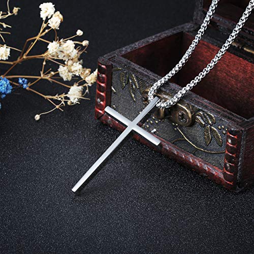 Stainless Steel Cross Pendant Necklaces for Men Women 24 Inch Chain - color: Silver