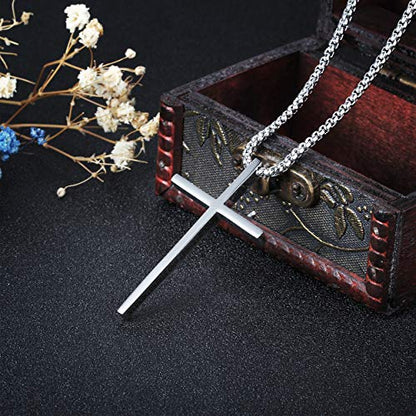 Stainless Steel Cross Pendant Necklaces for Men Women 24 Inch Chain - color: Silver