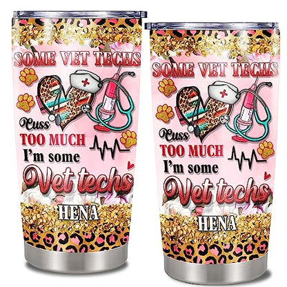 Personalized Vet Tech Tumbler With Lid Leopard Stethoscope Medical Veterinarian Travel Coffee Mug Cup Stainless Steel Gifts For Girls Women Cute Veterinary School Graduation - color: Vet