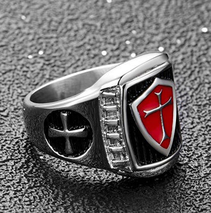 Huitao Men's Stainless Steel ring Knight Ring Templar Ring biker Crusader Cross masonic Red Size 13 - size: 13