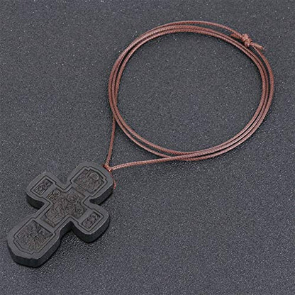 COTTVOTT Wood Orthodox Cross Pendant Necklace Christian Crucifix Necklace Prayer Jesus for Women Men - style: C-Black Color