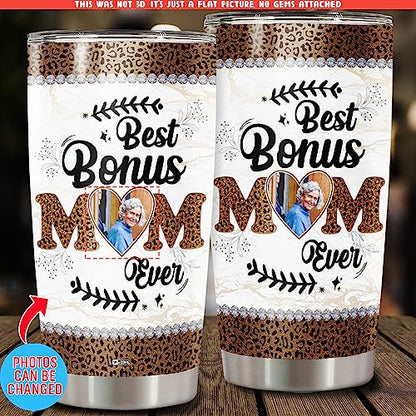 WAZONE Personalized Best Bonus Mom Ever Gifts Tumbler Cups From Daughters For Mommy Mothers Customized Photo With Lid 20 30 Oz Presents Idea Birthday Christmas Mothers Day Anniversary - color: Bonus Mom