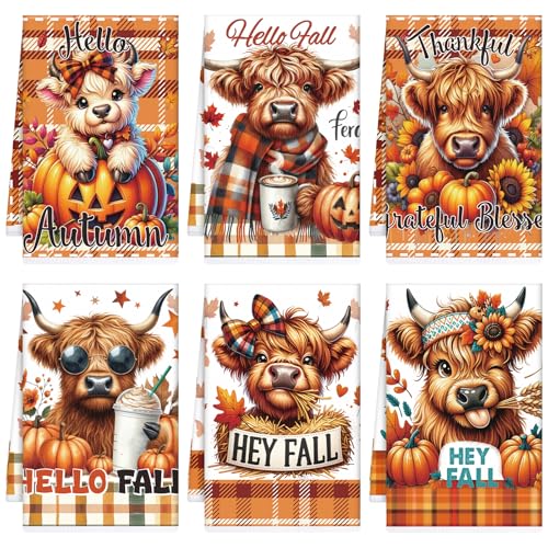 Highland Cow Fall Kitchen Towels, 6PCS Hey Fall Dish Towels Pumpkin Maple Leaf for Cooking Cleaning, Thanksgiving Autumn Decorative Tea Towel for Home Kitchen Bathroom(16 X 24 Inches) - color: Highland Cow Fall
