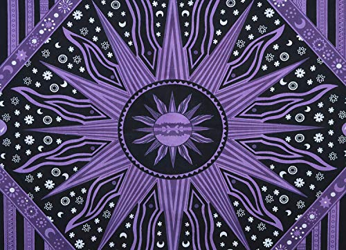Popular Handicrafts Wall Hanging Tapestry For Bedroom Hippie Burning Sun and Moon Meditation Bohemian Hippy Psychedelic Design Indian Tapestries Bedspread 90 x 108 inches (230cm x 270cm) Green - color: Purple, size: 108"L x 90"W