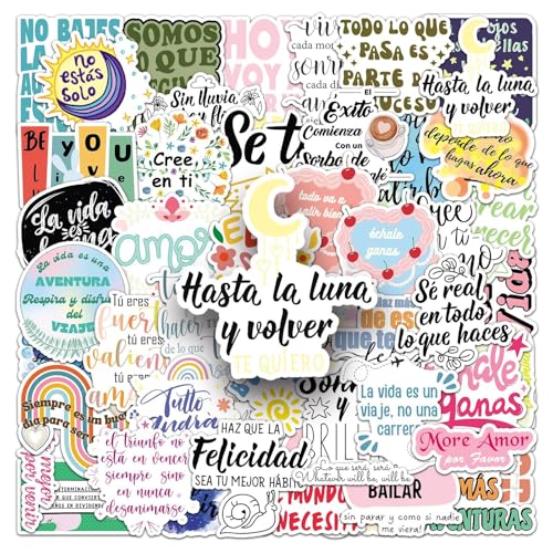 50Pcs Spanish Motivational Stickers, Waterproof Inspirational Positive Affirmation Vinyl Aesthetic Decals for Water Bottle, Laptop, Scrapbook, Skateboard, Children, Teenagers, Boys, Girls, Adults - color: Spanish Motivational Stickers-2