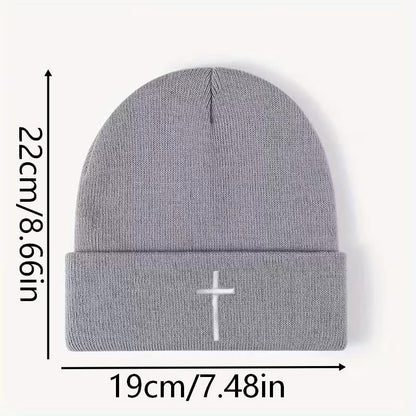 Unisex Stretch Warm Winter Skull Cap, Cold Weather Knit Beanie - color: Grey - 3d Cross Embroidery