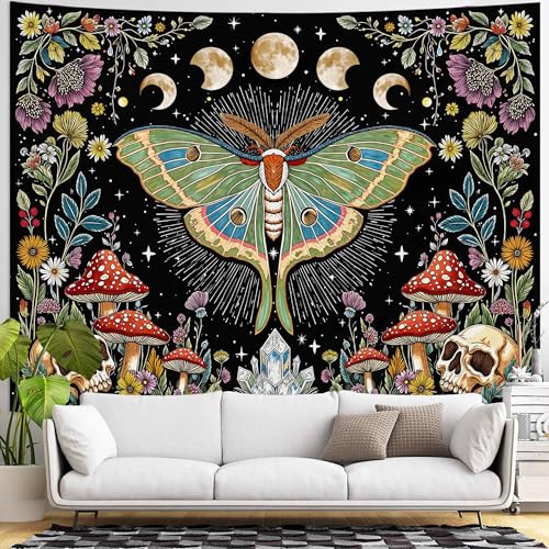 Accnicc Moth Tapestry Boho Mushroom Hippie Skull Wall Tapestry for Bedroom Aesthetic Vintage Floral Plant Moon Phase Extra Large Tapestries Wall Hanging for Dorm Living Room Decor 90 x 68 Inch - color: Green Black, size: 90"L x 68"W