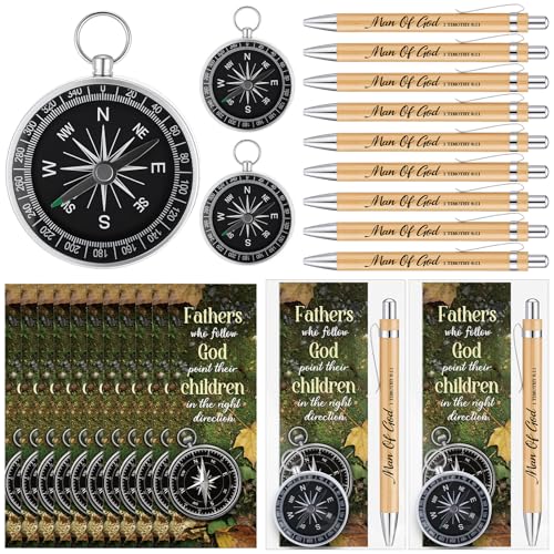 Kenning 18 Sets Father's Day Church Gifts Bulk Christian Man of God Compass Gift for Men Bulk Keychain with Bookmark Ballpoint Pens Christian Religious Gifts Set for Dad Pastors Church Party Favors