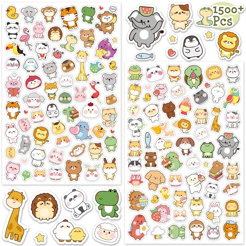 LINAYE 24 Sheets Cute Kawaii Stickers Pack - 1500PCS Adhesive Animal Stickers for Kids, Girls, Classroom - style: Kawaii Animal 24 Sheets