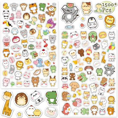 LINAYE 24 Sheets Cute Kawaii Stickers Pack - 1500PCS Adhesive Animal Stickers for Kids, Girls, Classroom - style: Kawaii Animal 24 Sheets
