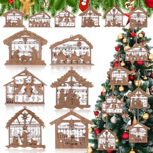 Shellwei 24 Pcs Christmas Ornament Bulk Wooden Nativity Scene Music Sheet - style: Vintage