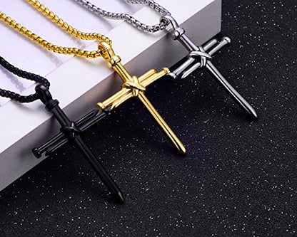 Men's Stainless Steel Nail Cross Pendant Necklace With 24 Inch Chain - color: Black