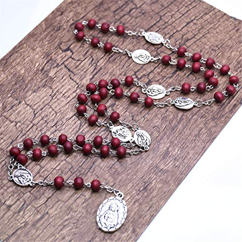Handmade Wooden Resin Crucifix Rosary Beads Chain Pendant Necklace Colorful Love Heart Catholic Cross Virgin Mary Jesus Necklace for Women Men Religious Lord Praying Jewelry Gift - color: C red