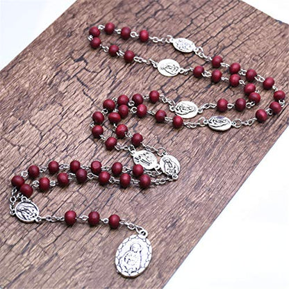 Handmade Wooden Resin Crucifix Rosary Beads Chain Pendant Necklace Colorful Love Heart Catholic Cross Virgin Mary Jesus Necklace for Women Men Religious Lord Praying Jewelry Gift - color: C red