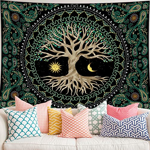 FORATER Tree of Life Tapestry Wall Hanging Aesthetic Sun and Moon Tapestry with Vintage Paisley Flowers Colorful Tree Wall Tapestries for Bedroom, Living Room, Dorm(53 x 61 inches, Multicolor) - color: Paisley Green, size: 61"L x 53"W