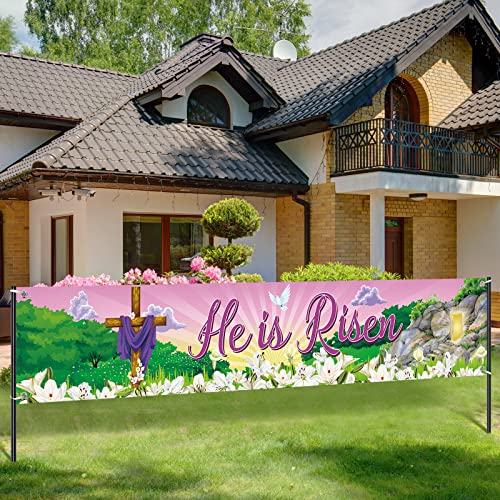 Tatuo He Is Risen Banner Easter Day Banner Decoration Easter Religious Yard Sign Large Fabric Christian Cross Fence Sign Spring Photo Backdrop for Garden Indoor Outdoor Decor, 98 x 18 Inch