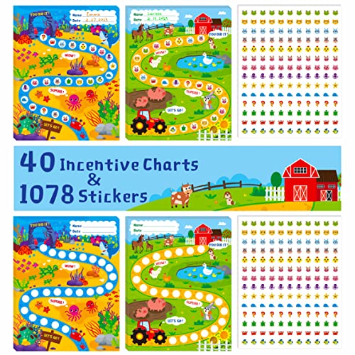 40 Pack Incentive Chart, 2 Adorable Designs with 1078 Stickers Classroom Teaching/Reward/Family Using for Kids Homework Assignments, Attendance, Positive Behavior, Chores, Potty Training Progress - style: Farms and oceans