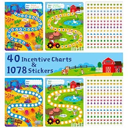 40 Pack Incentive Chart, 2 Adorable Designs with 1078 Stickers Classroom Teaching/Reward/Family Using for Kids Homework Assignments, Attendance, Positive Behavior, Chores, Potty Training Progress - style: Farms and oceans