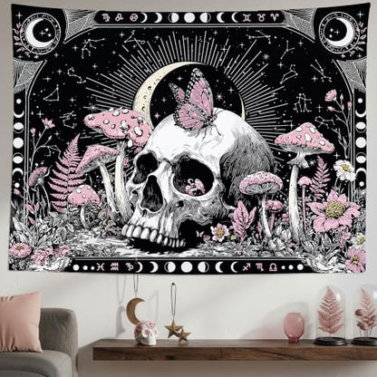 Accnicc Gothic Skull Butterfly Mushroom Tapestry 60 x 44 Inch - color: Pink White, size: 60"L x 44"W