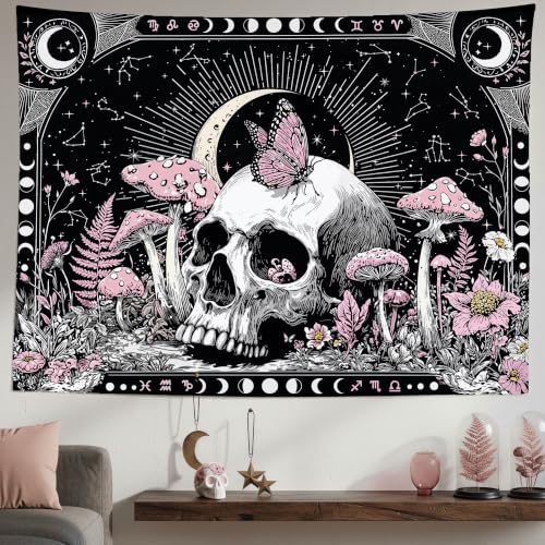 Accnicc Gothic Skull Butterfly Mushroom Tapestry 60 x 44 Inch - color: Pink White, size: 60"L x 44"W