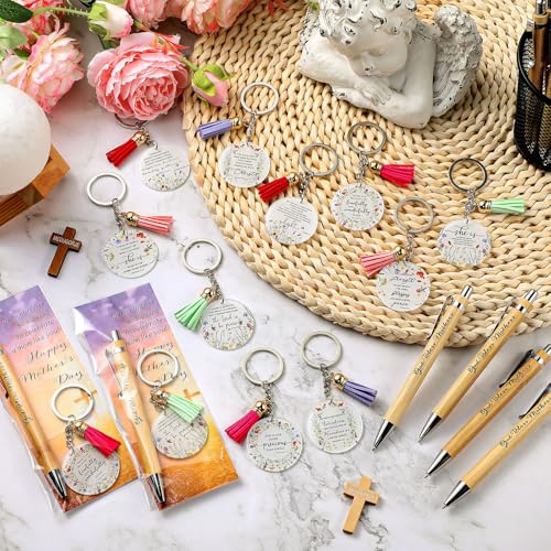 Dispowreath 20 Set Church Gifts Bulk for Women Christian Pens God Bless Mothers Pens 10 Style Religious Bible Verse Keychains with Tassel Inspirational Acrylic Key chain with Cards for Mom Sunday