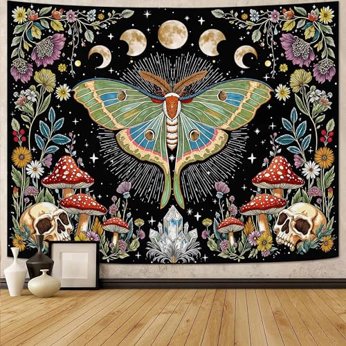 Accnicc Moth Tapestry Boho Mushroom Hippie Skull Wall Tapestry for Bedroom Aesthetic Vintage Floral Plant Moon Phase Small Tapestries Wall Hanging for Dorm Living Room Decor 48 x 36 Inch - color: Green Black, size: 48"L x 36"W