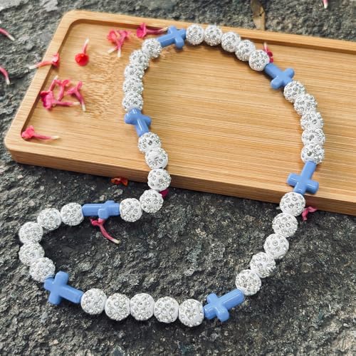 Baseball Bead Cross Necklace for Boys Kids, Elastic Rhinestone Bling Necklace Drip Gifts for Teens Players - color: Blue Cross/White