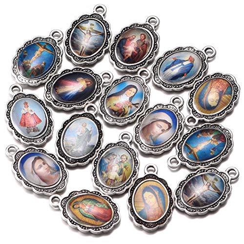60pcs Mix Picture Enamel Our Lady Miraculous Medal Floral Rosary Centerpiece Cross Jesus Virgin Mary Catholic Alloy Crucifix Charms for Jewelry Making 19mmx12mm (A508)