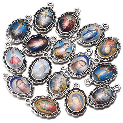 60pcs Mix Picture Enamel Our Lady Miraculous Medal Floral Rosary Centerpiece Cross Jesus Virgin Mary Catholic Alloy Crucifix Charms for Jewelry Making 19mmx12mm (A508)