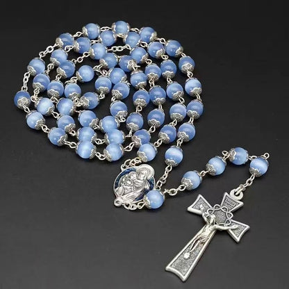 Rosary Beads Catholic for Woman - Italy 8-9mm AAA+ Natural Blue Cat Eyes Gemstone Rosary Beads.