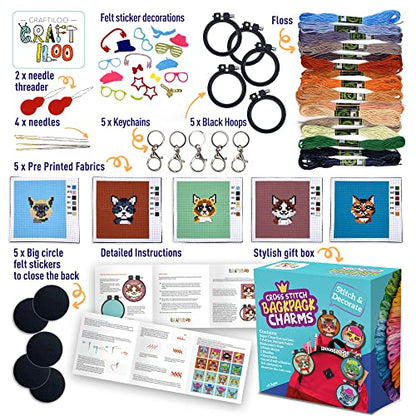 Cats Cross Stitch Kits for Kids - 5 Stamped Beginner Needlepoint Sets - color: Cats