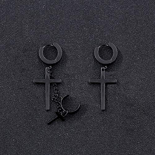 Unisex Punk Hip Hop Stainless Steel Silver Black Gold Tone Lock Thunder Lightning Bolt Dangle Huggie Hoop Earrings Gift for Women Men Boy Teens - color: Black-Asymmetric Cross