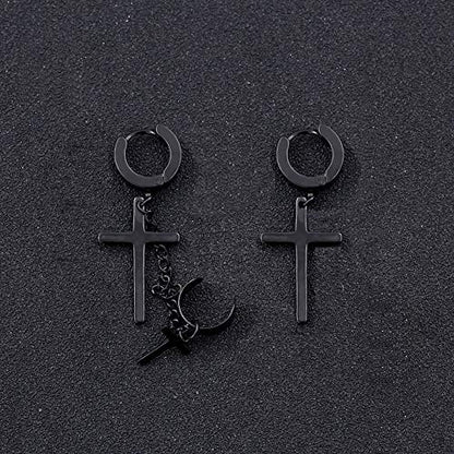 Unisex Punk Hip Hop Stainless Steel Silver Black Gold Tone Lock Thunder Lightning Bolt Dangle Huggie Hoop Earrings Gift for Women Men Boy Teens - color: Black-Asymmetric Cross