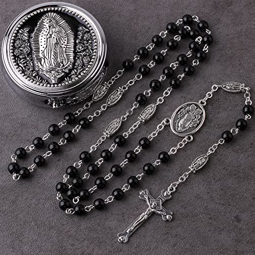 HanlinCC Guadalupe Catholic Rosary Glass Pearl Beads Necklace with Gift Box - color: Guadalupe Rosary Black