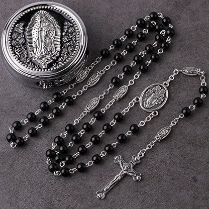 HanlinCC Guadalupe Catholic Rosary Glass Pearl Beads Necklace with Gift Box - color: Guadalupe Rosary Black