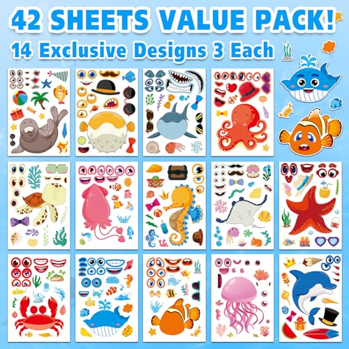 42 Ocean Animal Make-a-Face Sticker Sheets for Kids - style: Ocean Animals