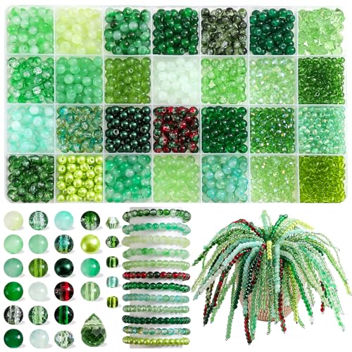 1600Pcs Green Glass Beads for Bracelets, Beaded Plant Kit - color: 24 Green