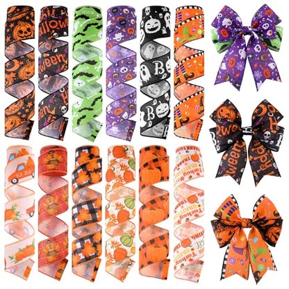 12 Rolls 60 Yards Halloween Fall Wired Ribbon for Wreath Bow Craft - style: Fall and Ghost