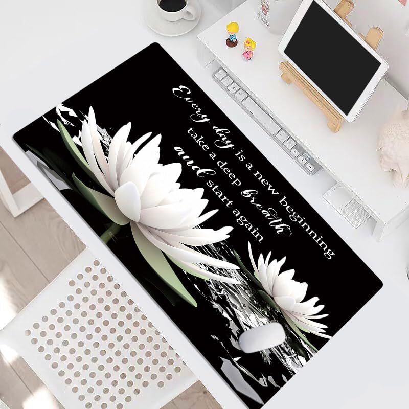LB Black and White Floral Mouse Pad Plant Flower with Inspirational Quotes Large Mouse Pad for Desk Modern Aesthetic Desk Pad for Office and Home Non-Slip Rubber Base Mouse Mat 15.75L X 31.5W Inch - color: Black